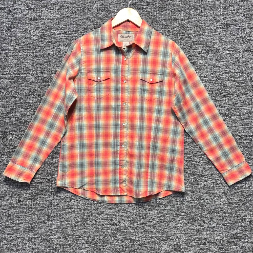 Wrancher by Wrangler Plaid Western Shirt Womens M Orange Metallic Snaps Cowgirl